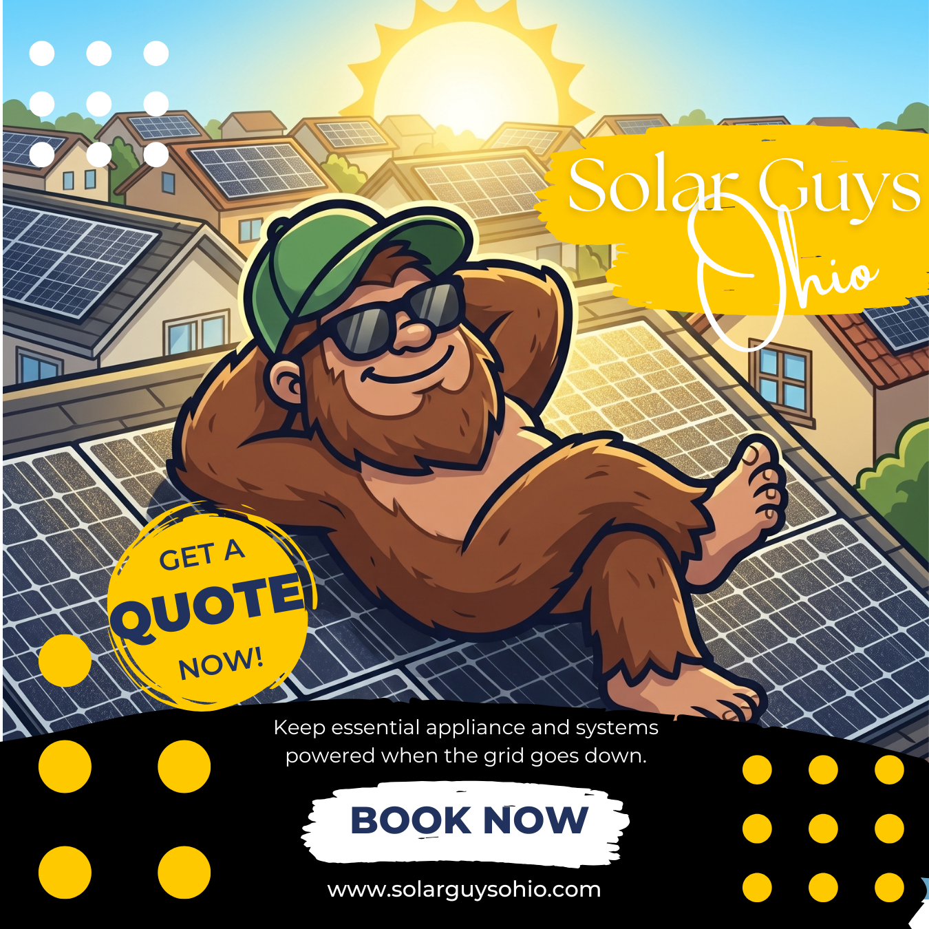 Solar Guys Ohio mascot relaxing on a solar-panel roof